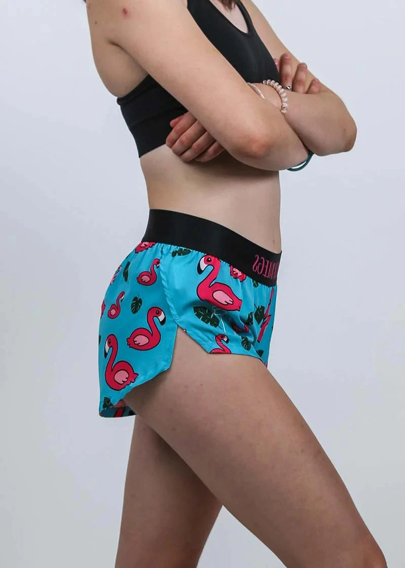 Women's Blue Flamingo 1.5" Split Shorts 2 Women's Blue Flamingo 1.5" Split Shorts - Image 2